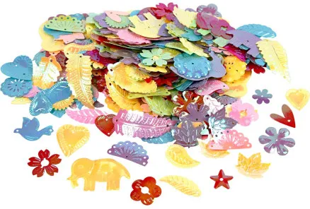 Paljetter, pärlemorfärger, storlek 15–45 mm, 400 g/1 st.