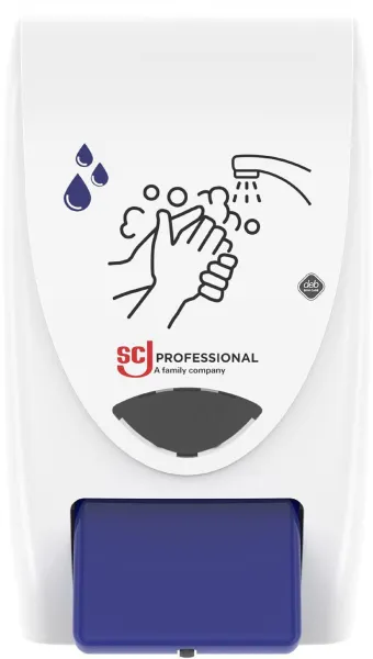 Deb Stoko Cleanse Light dispenser för krämsepor med rengörande effekt, vit plast med blå tryckknapp, 2 L